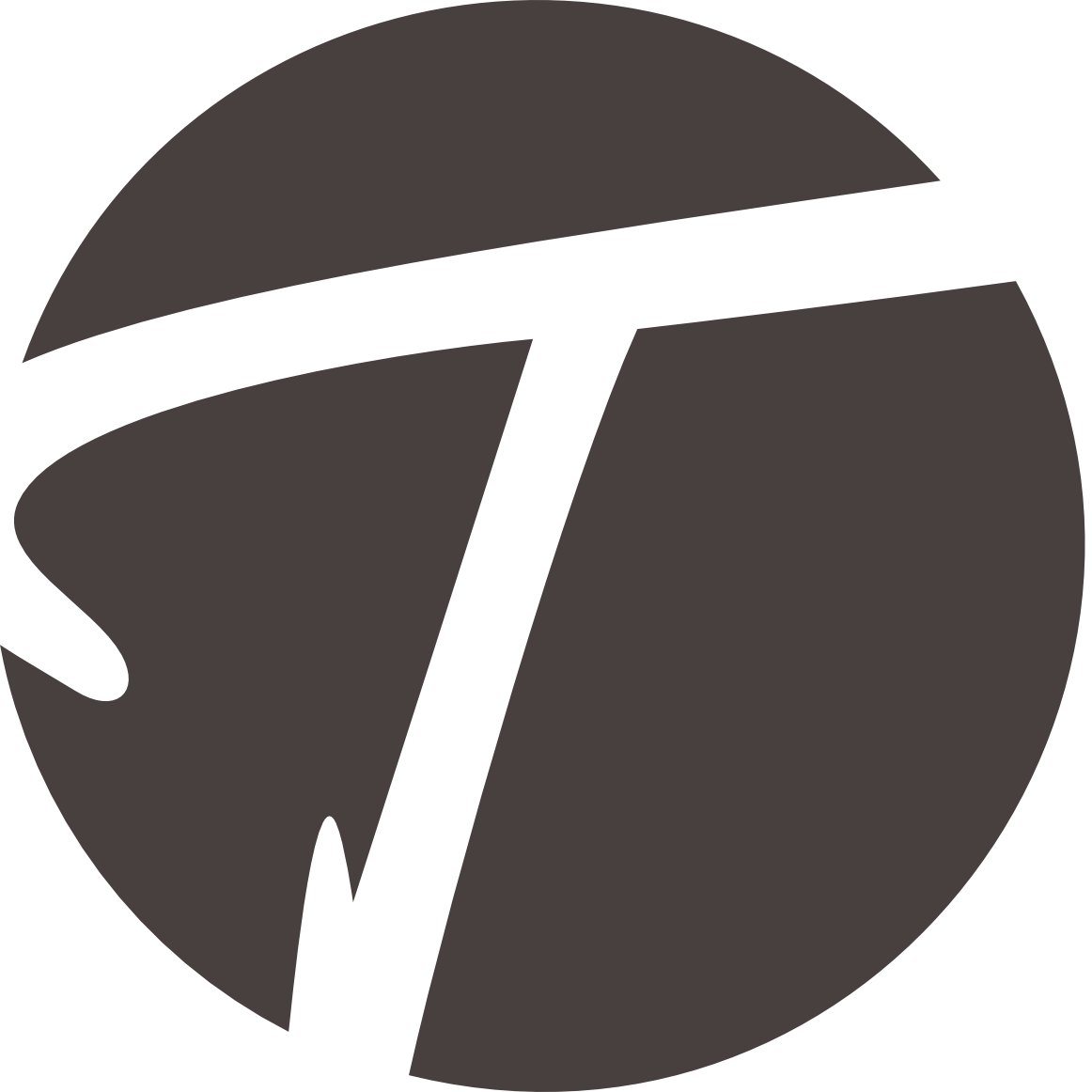 Rundes Logo in Dunkelbraun mit stilisierten weissen Buchstaben S und T